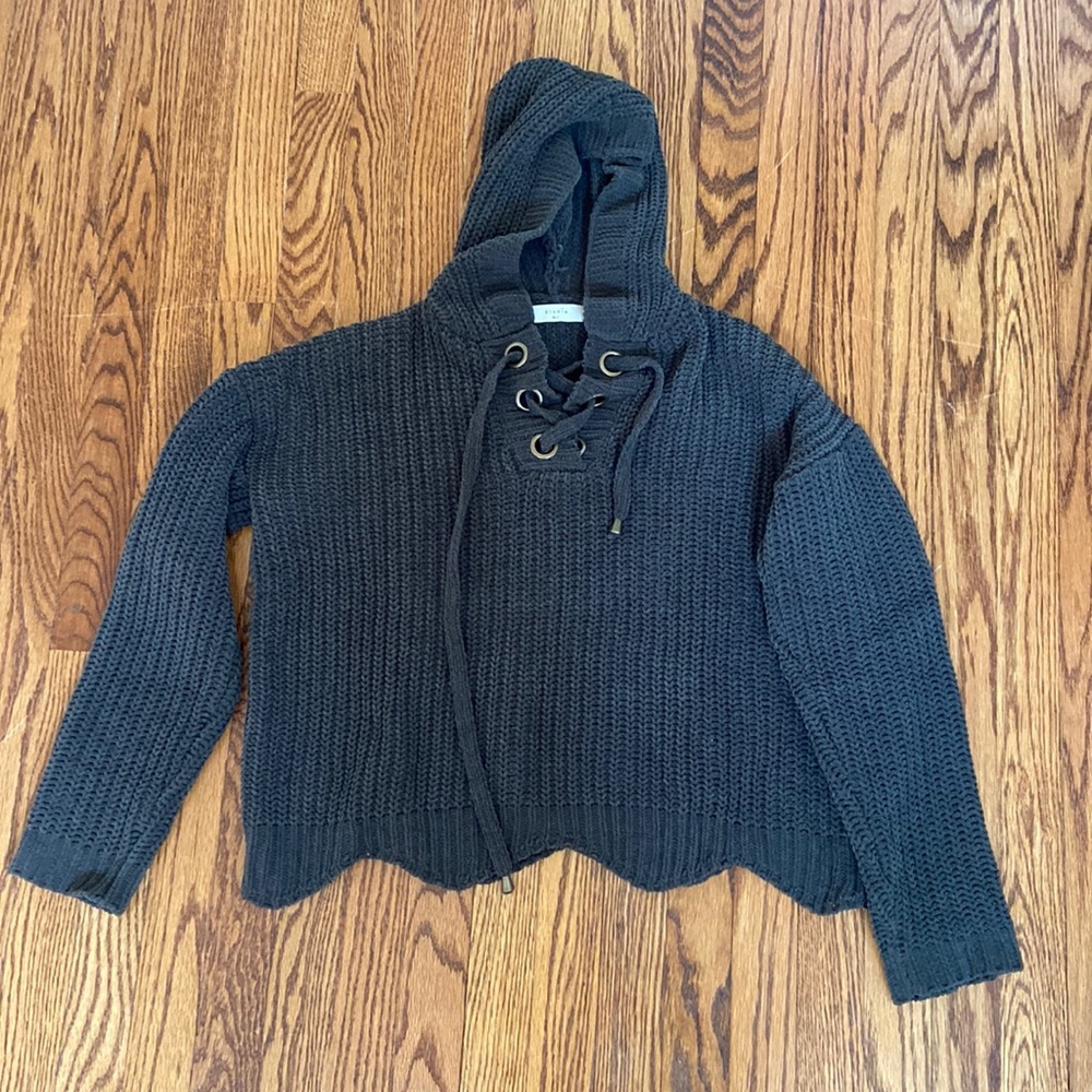 Cozy knit lace up hooded sweater